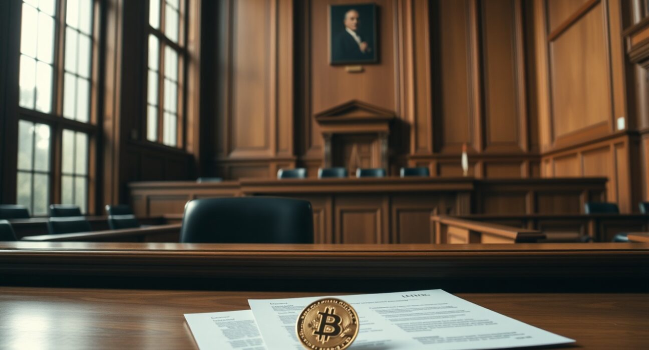 Courtroom interior with legal documents and a Bitcoin coin symbolizing the 60,000 BTC money laundering trial