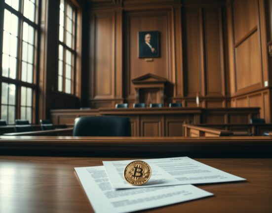 Courtroom interior with legal documents and a Bitcoin coin symbolizing the 60,000 BTC money laundering trial