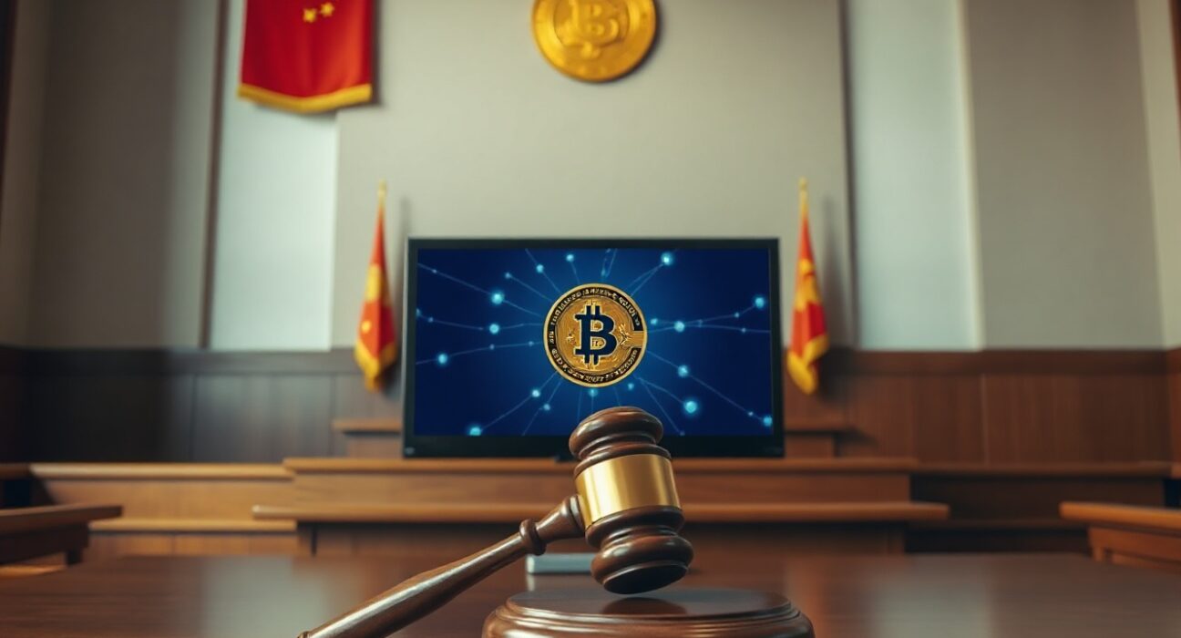 Chinese courtroom with gavel and Bitcoin symbol on computer screen representing legal ruling on cryptocurrency property status