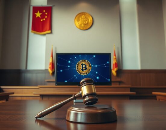 Chinese courtroom with gavel and Bitcoin symbol on computer screen representing legal ruling on cryptocurrency property status