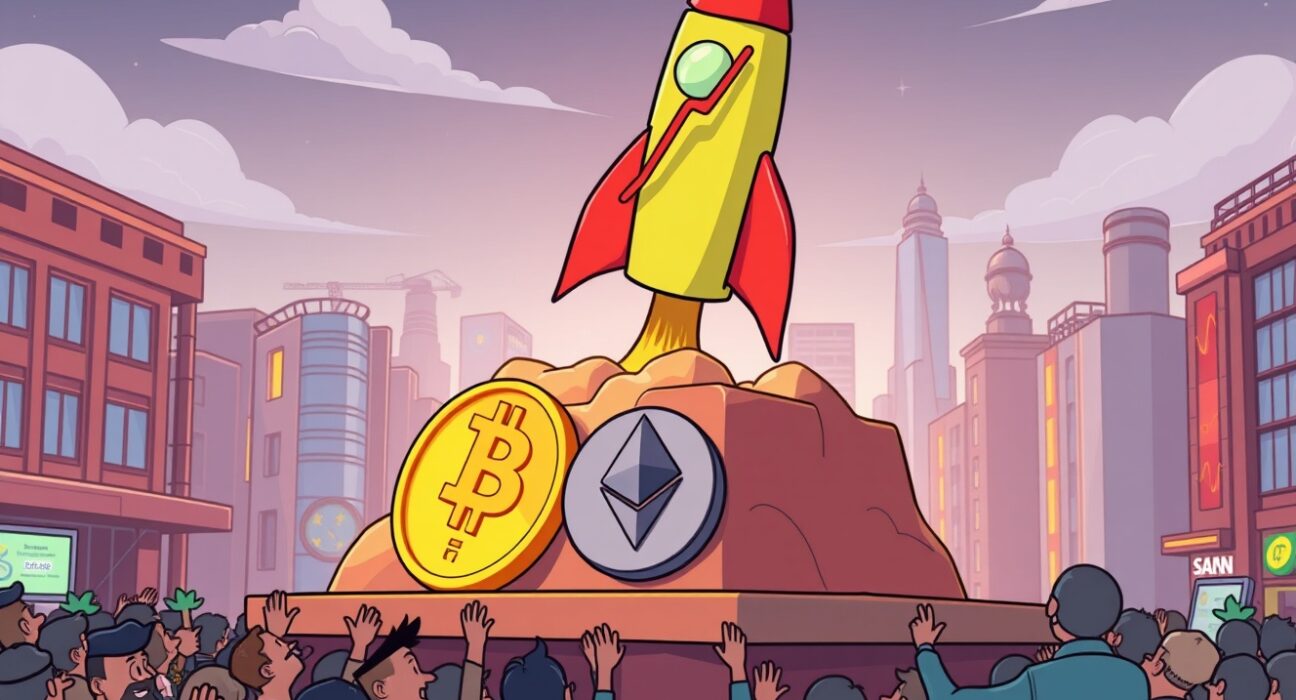 A cartoon illustration showing a rocket-like stock chart soaring upwards, symbolizing the dramatic impact of QMMM crypto investment on its share price.