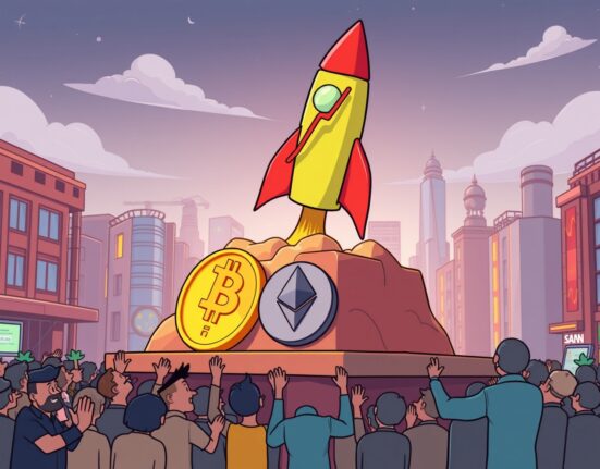 A cartoon illustration showing a rocket-like stock chart soaring upwards, symbolizing the dramatic impact of QMMM crypto investment on its share price.