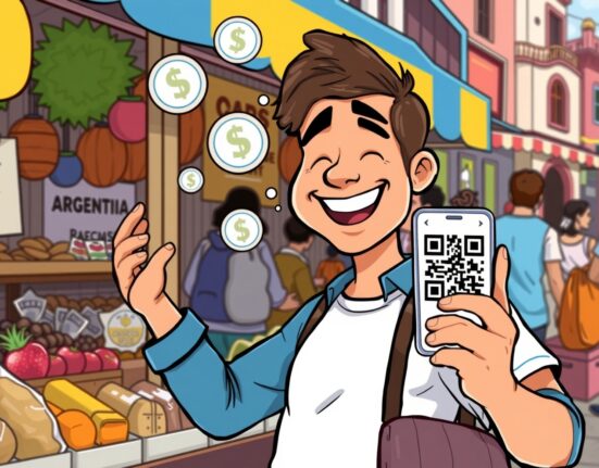 A cartoon illustration showing easy QR crypto payments in Argentina at a local market, highlighting Binance's new service.