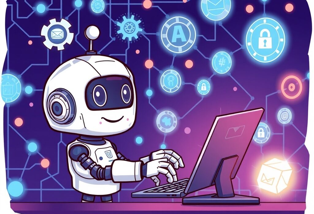 A cartoon illustration of a friendly robot, the Qtum AI agent Ally, performing automated tasks within a secure blockchain network.