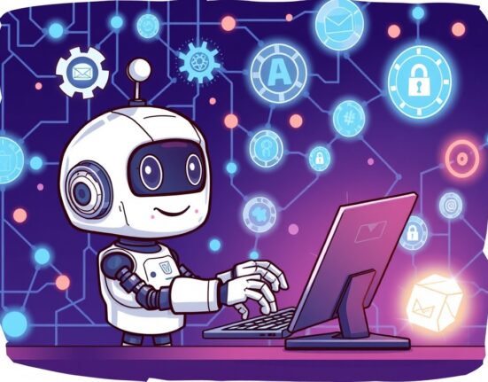 A cartoon illustration of a friendly robot, the Qtum AI agent Ally, performing automated tasks within a secure blockchain network.
