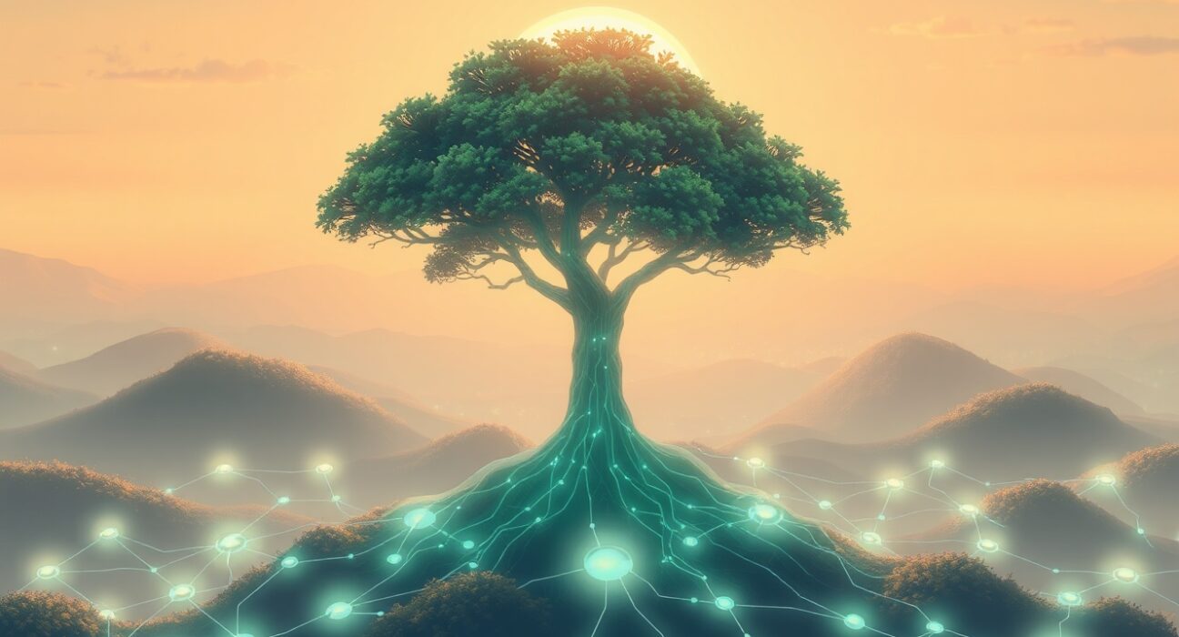 Qtum blockchain technology visualized as a growing digital ecosystem with interconnected nodes