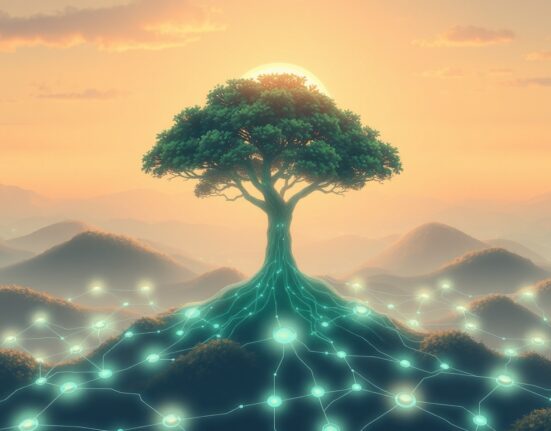 Qtum blockchain technology visualized as a growing digital ecosystem with interconnected nodes