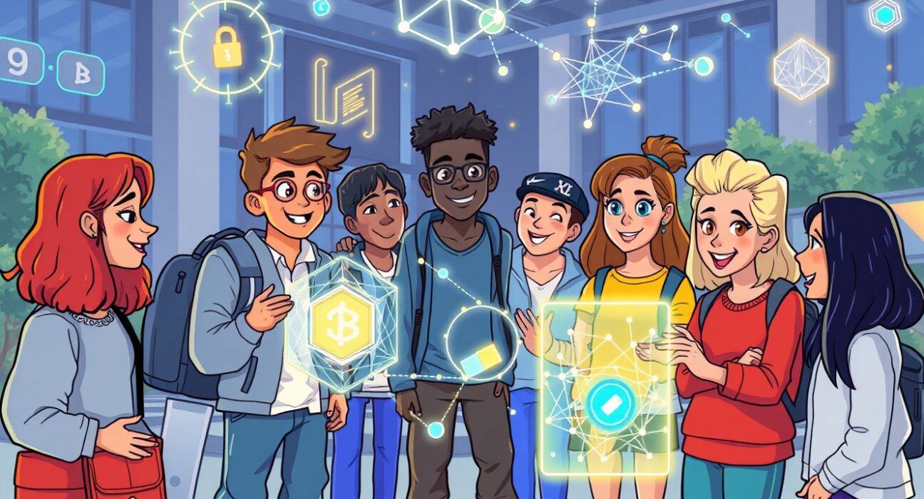 A vibrant cartoon of students collaborating at a global student hackathon for AI and blockchain innovation.