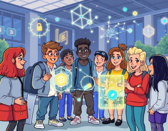 A vibrant cartoon of students collaborating at a global student hackathon for AI and blockchain innovation.