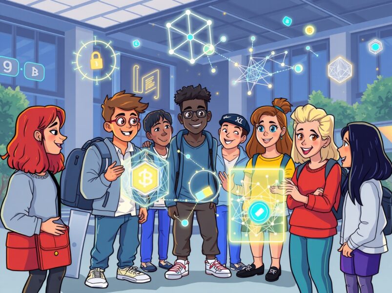 A vibrant cartoon of students collaborating at a global student hackathon for AI and blockchain innovation.
