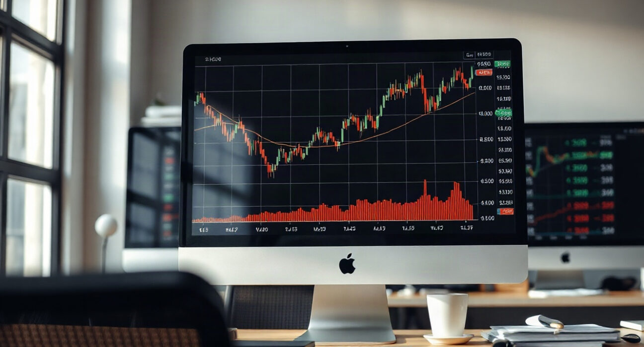 Bitcoin price chart on a computer monitor in a trading office, showing an upward trend.