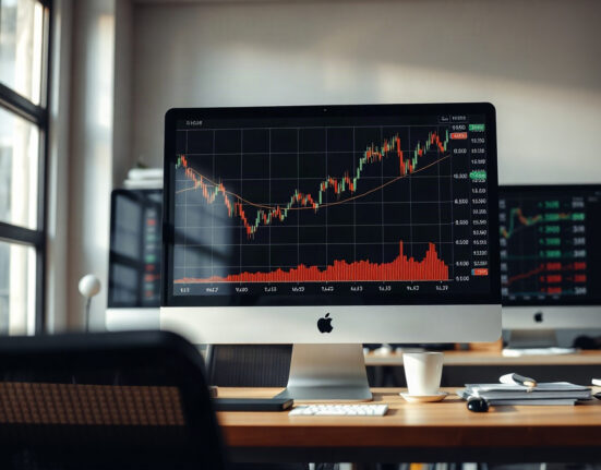Bitcoin price chart on a computer monitor in a trading office, showing an upward trend.