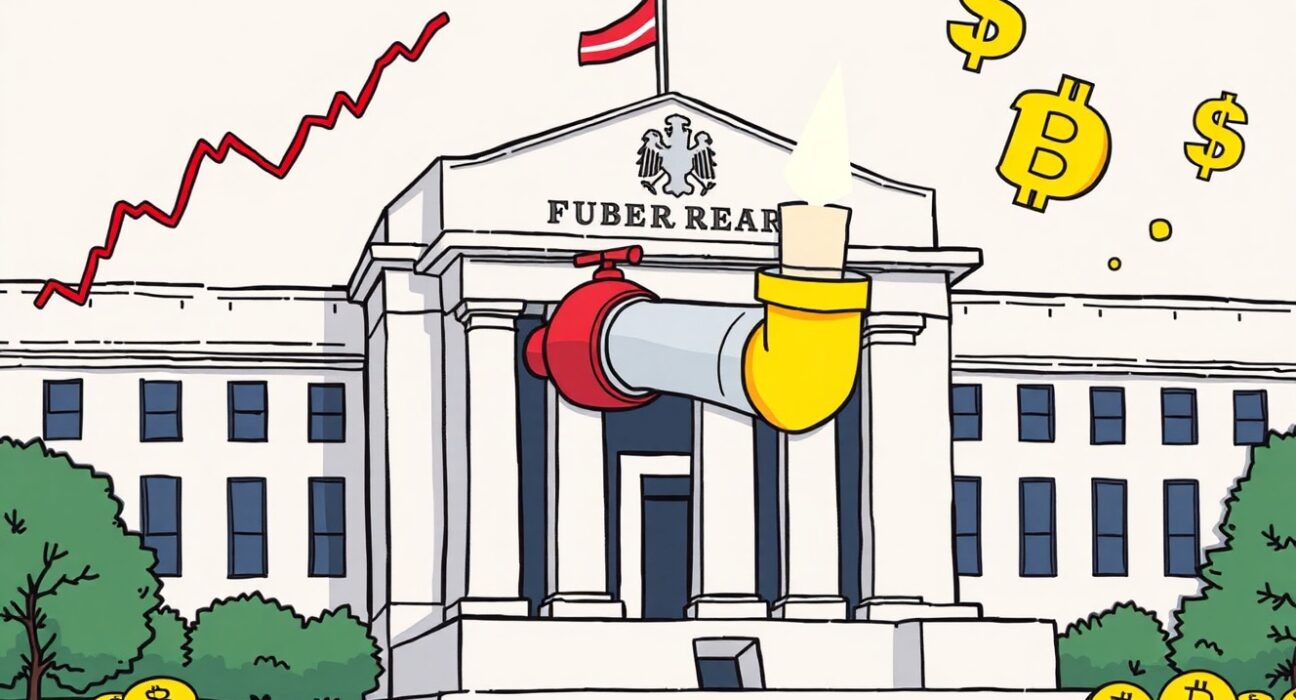 Cartoon illustration of the Federal Reserve ending quantitative tightening, symbolizing a crucial shift in monetary policy.
