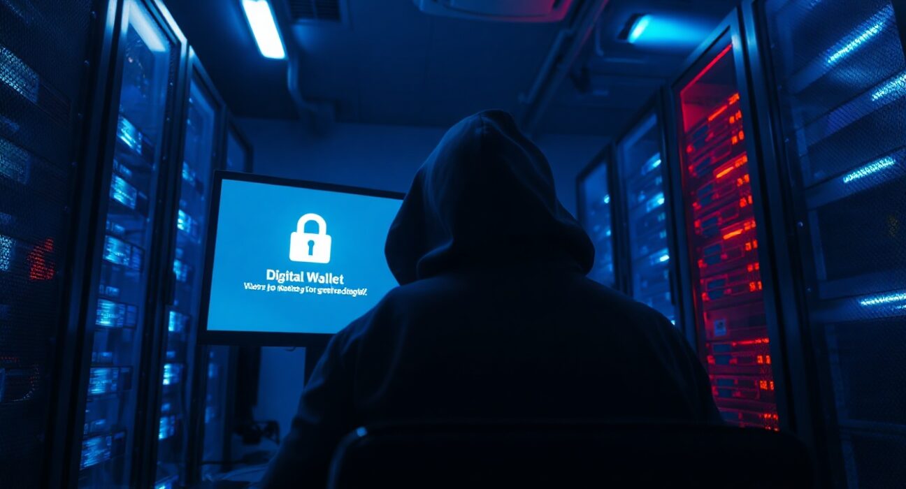 Hooded figure in a dim server room hacking a cryptocurrency wallet on a glowing monitor.