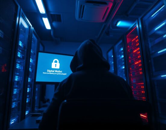 Hooded figure in a dim server room hacking a cryptocurrency wallet on a glowing monitor.