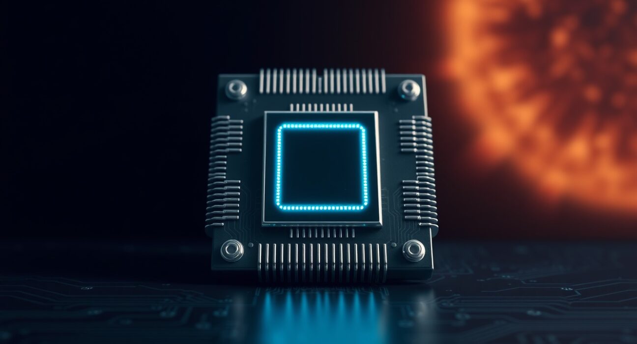 Quantum computer processor chip representing the immense energy needed for Bitcoin network attack