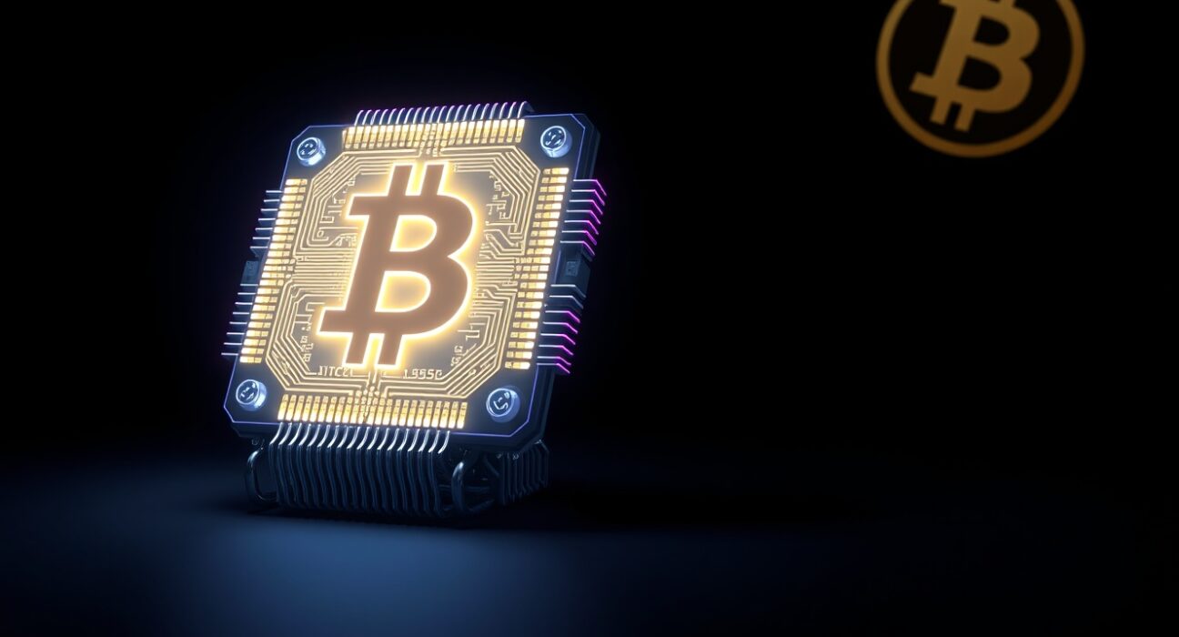 Quantum computer processor chip glowing with blue light, representing the threat to Bitcoin ECC encryption