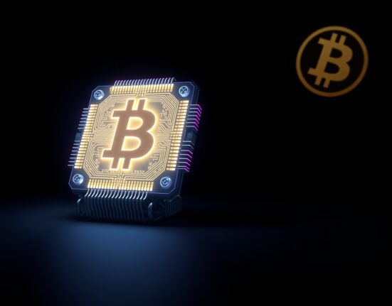 Quantum computer processor chip glowing with blue light, representing the threat to Bitcoin ECC encryption