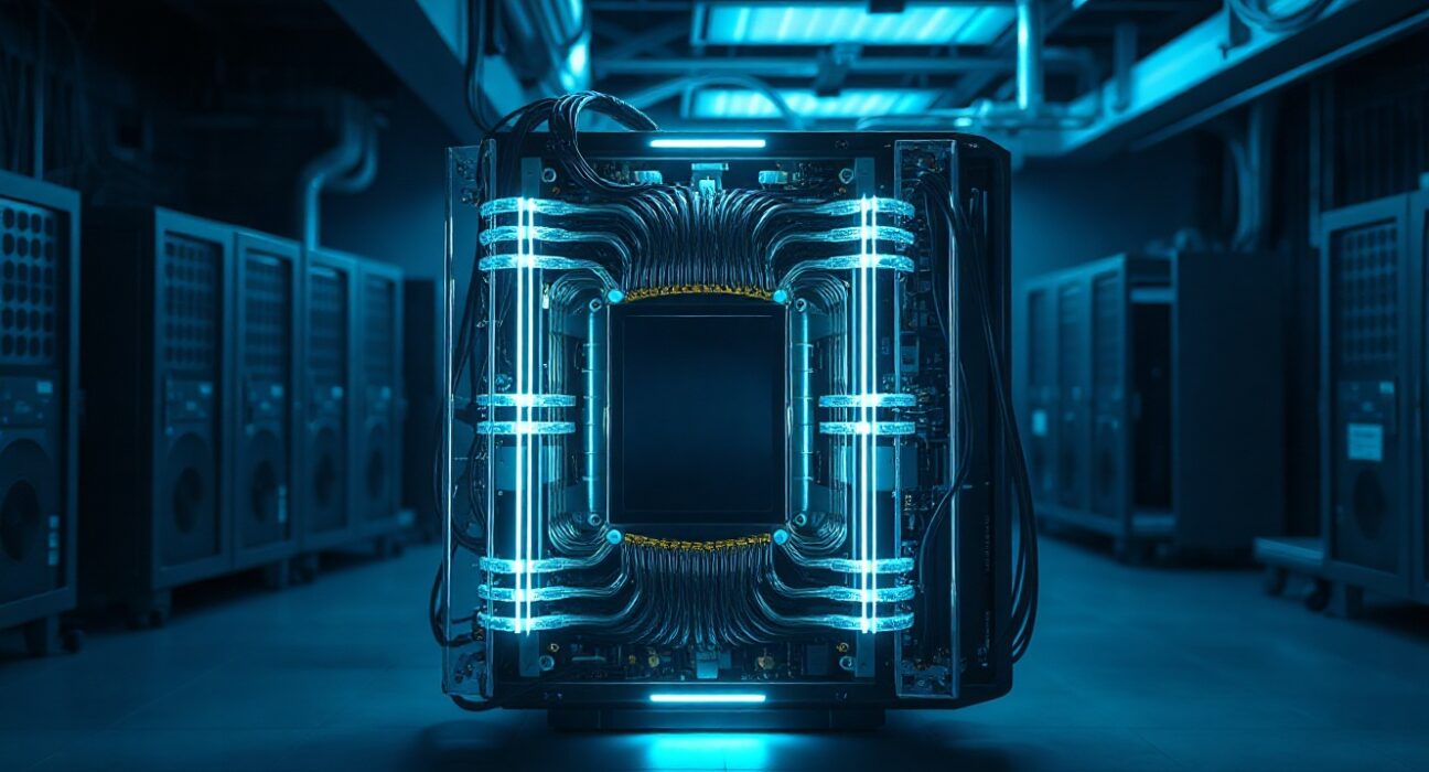 Quantum computer in a secure lab setting, representing the threat to cryptocurrency encryption.