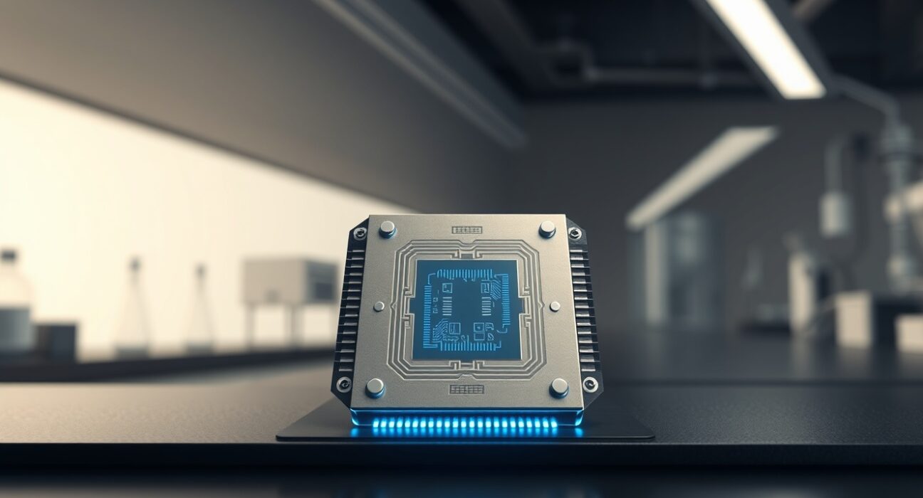 Quantum computer processor representing analysis of Bitcoin security threats from advanced computing technology