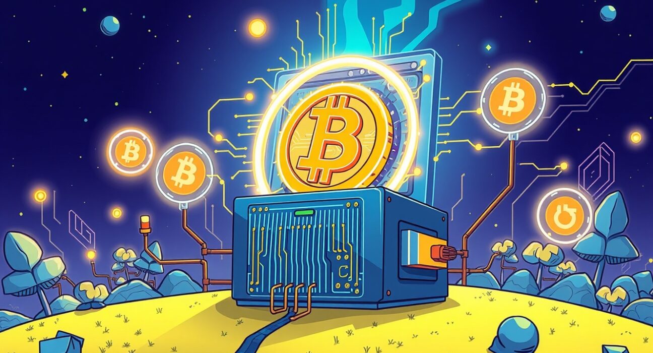 Quantum computing Bitcoin security illustrated as a protective, futuristic shield around the digital currency.