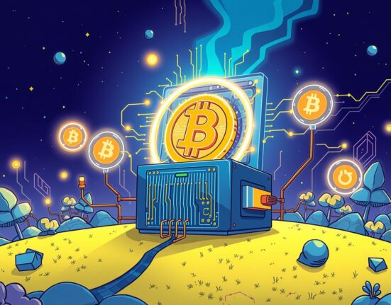 Quantum computing Bitcoin security illustrated as a protective, futuristic shield around the digital currency.