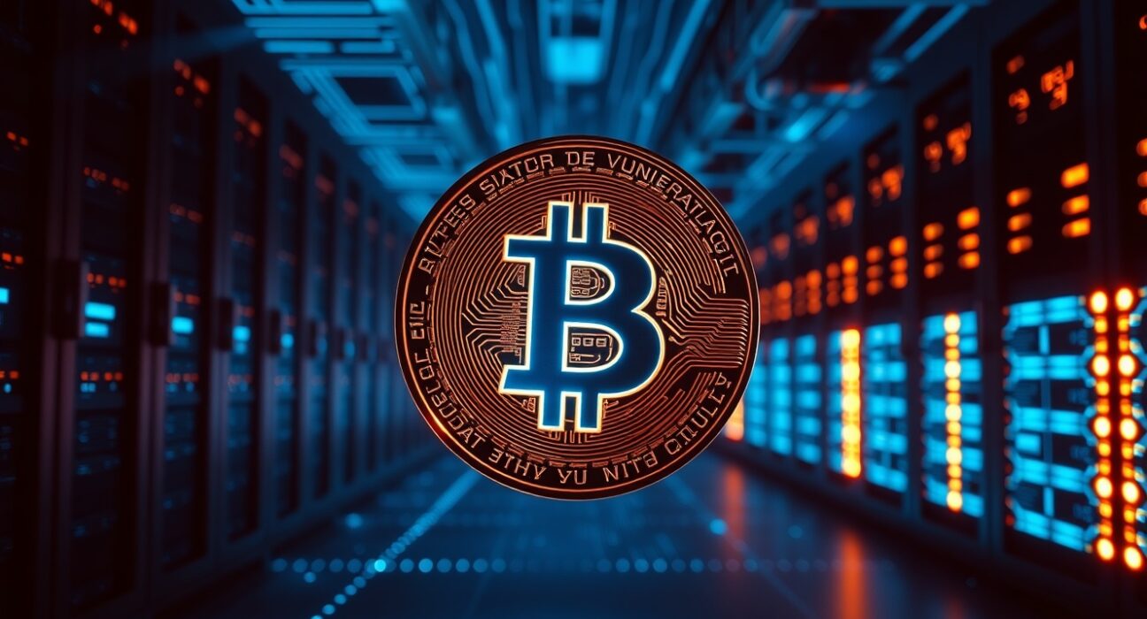 Bitcoin coin in a quantum computing data center representing cryptographic vulnerability