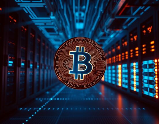 Bitcoin coin in a quantum computing data center representing cryptographic vulnerability