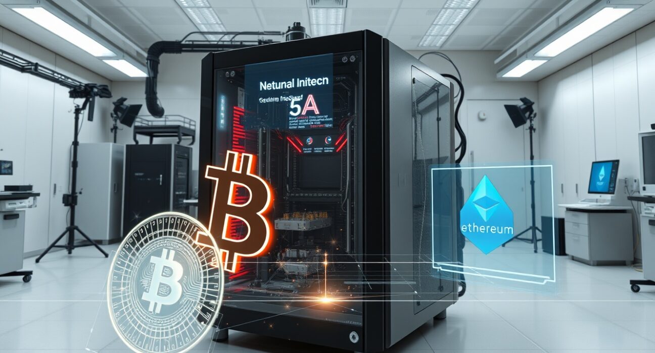 Quantum computer analyzing Bitcoin and Ethereum security in research laboratory setting showing cryptocurrency vulnerability