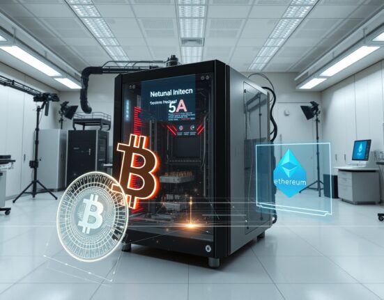 Quantum computer analyzing Bitcoin and Ethereum security in research laboratory setting showing cryptocurrency vulnerability