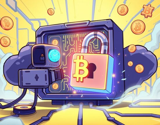 Quantum computing blockchain security threat illustration showing futuristic technology attacking cryptocurrency protection