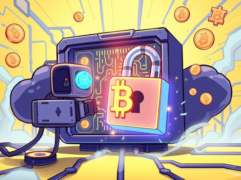 Quantum computing blockchain security threat illustration showing futuristic technology attacking cryptocurrency protection