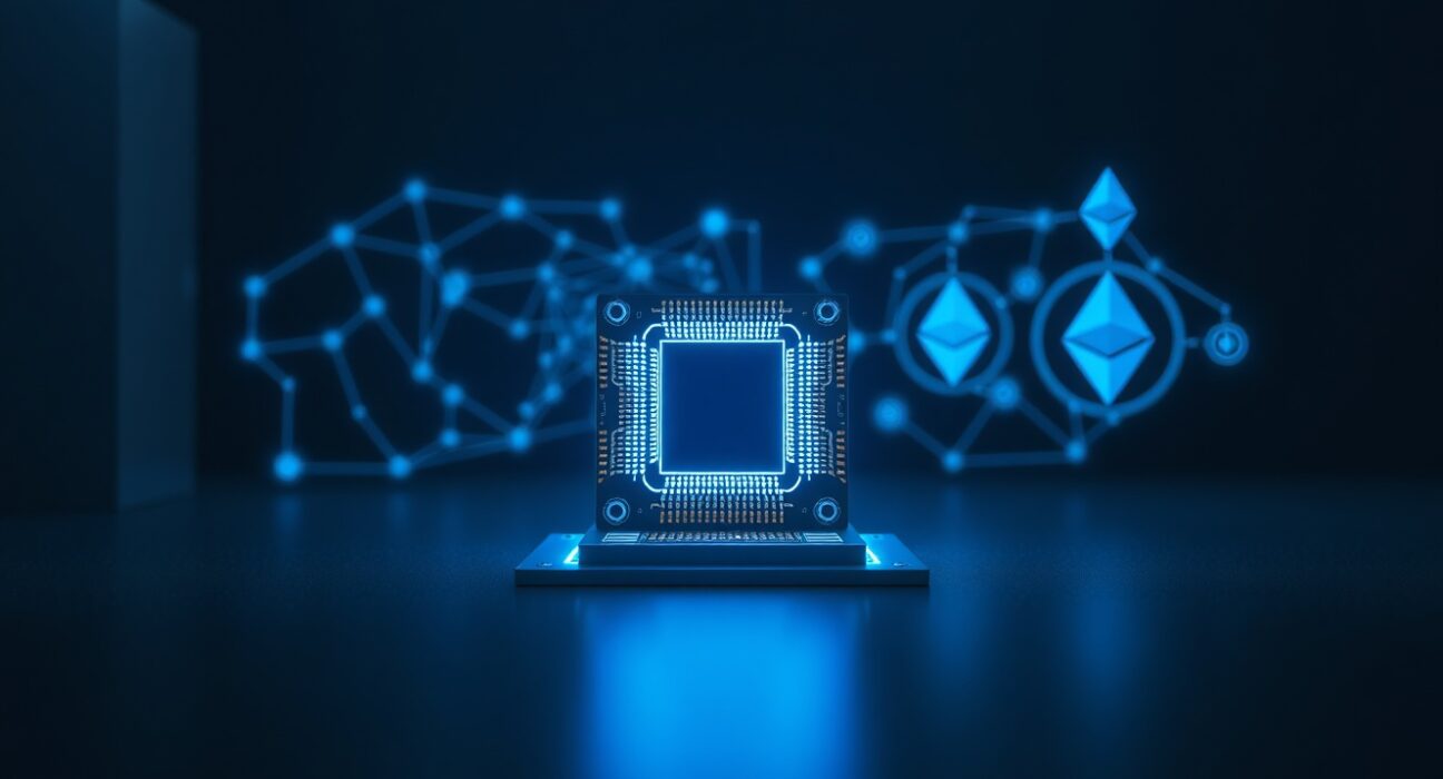 Quantum computer processor analyzing and threatening blockchain cryptocurrency network security.