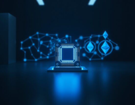 Quantum computer processor analyzing and threatening blockchain cryptocurrency network security.