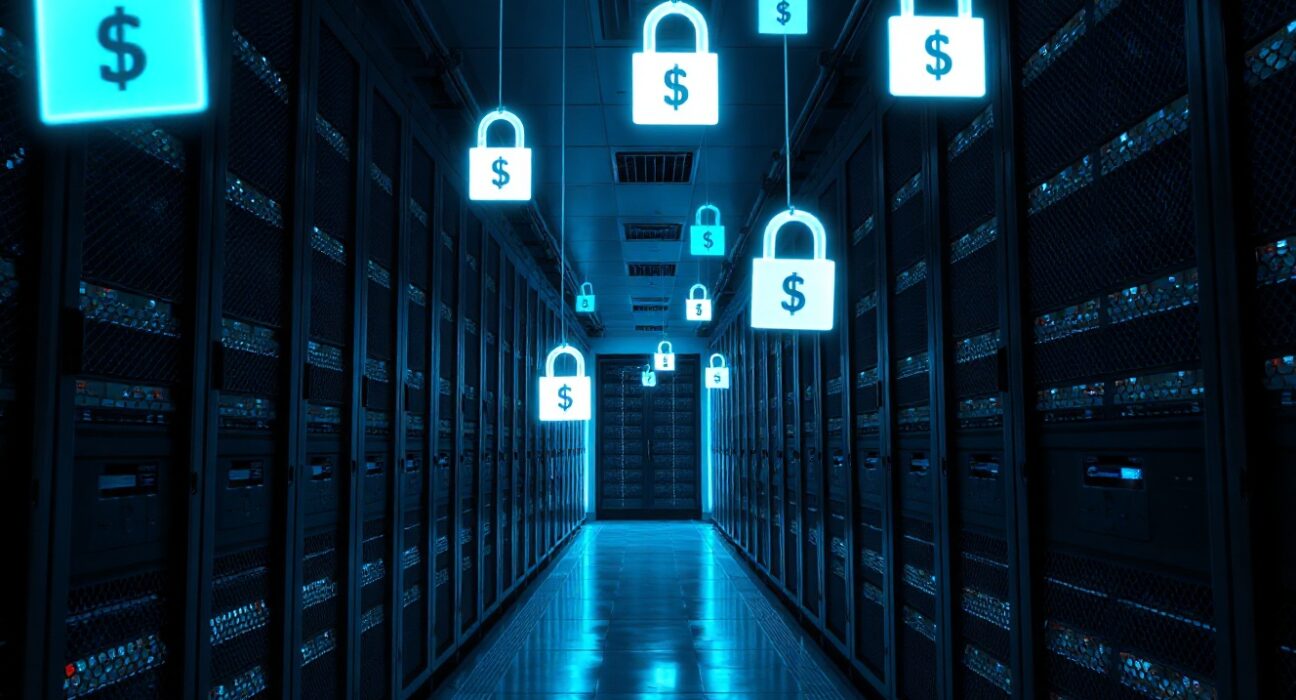 Illuminated server racks in a data center with floating digital padlocks and financial symbols, representing quantum threat to infrastructure.