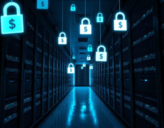 Illuminated server racks in a data center with floating digital padlocks and financial symbols, representing quantum threat to infrastructure.
