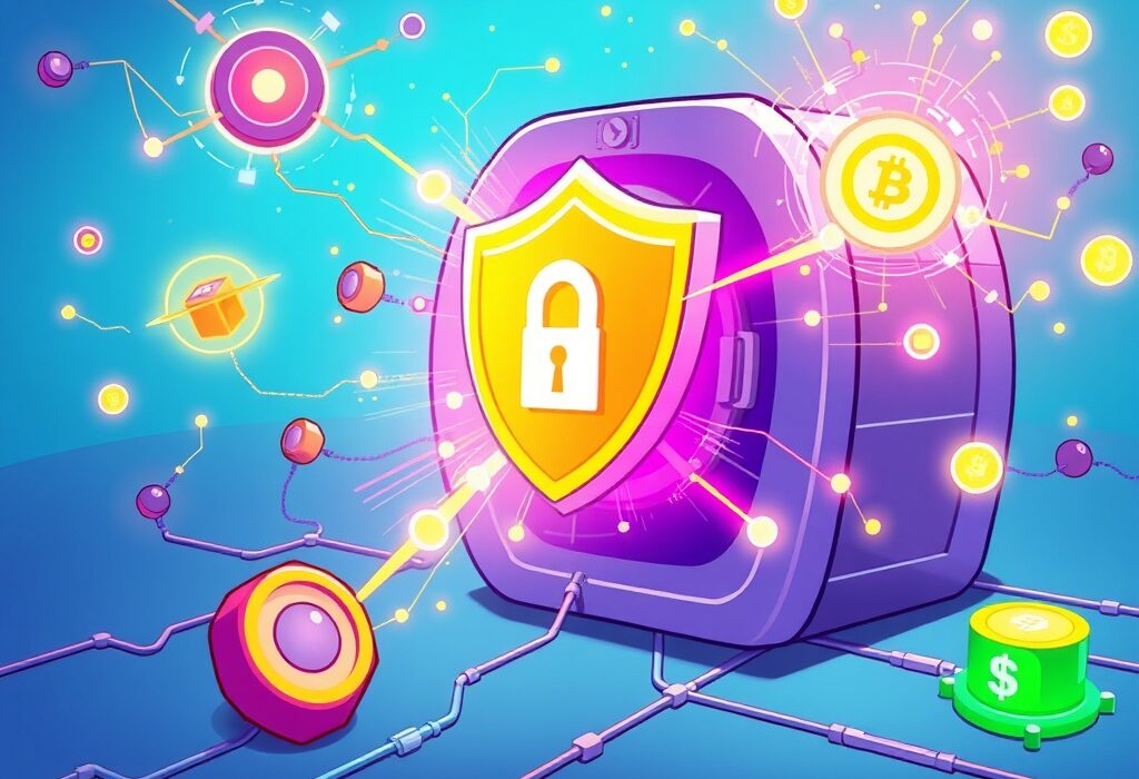 An illustration of a quantum-safe upgrade protecting blockchain networks, symbolizing advanced security against future digital threats.