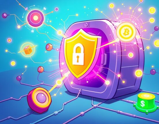An illustration of a quantum-safe upgrade protecting blockchain networks, symbolizing advanced security against future digital threats.