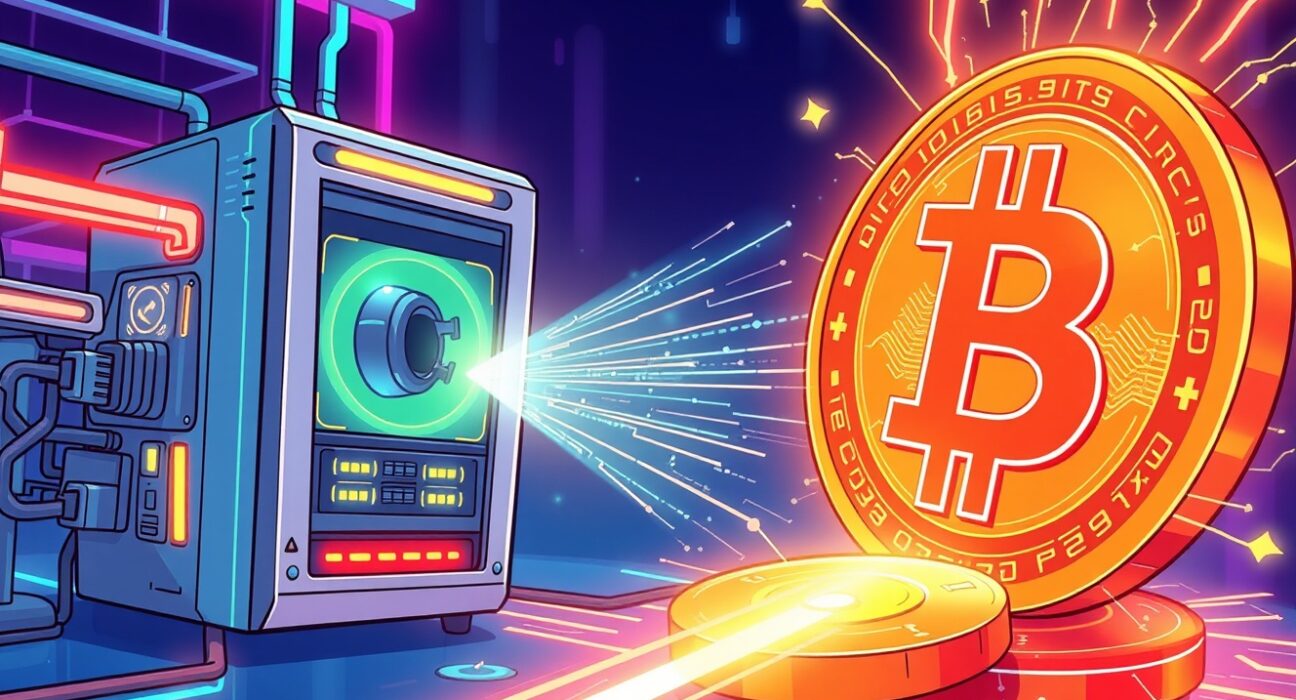 Cartoon illustration of quantum threat to Satoshi's BTC showing a futuristic computer attacking a protected Bitcoin coin