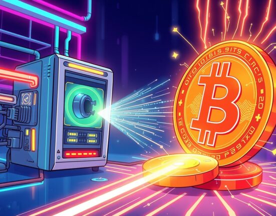 Cartoon illustration of quantum threat to Satoshi's BTC showing a futuristic computer attacking a protected Bitcoin coin