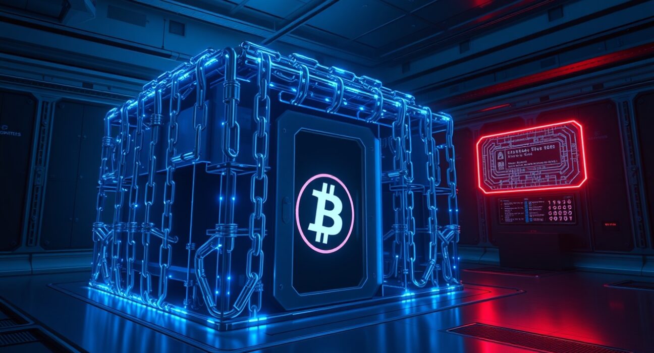 A futuristic blockchain fortress protecting dormant Bitcoin from quantum computing threats, illustrating the PACT model concept.