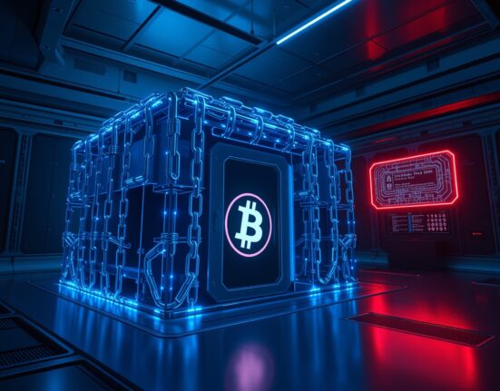 A futuristic blockchain fortress protecting dormant Bitcoin from quantum computing threats, illustrating the PACT model concept.