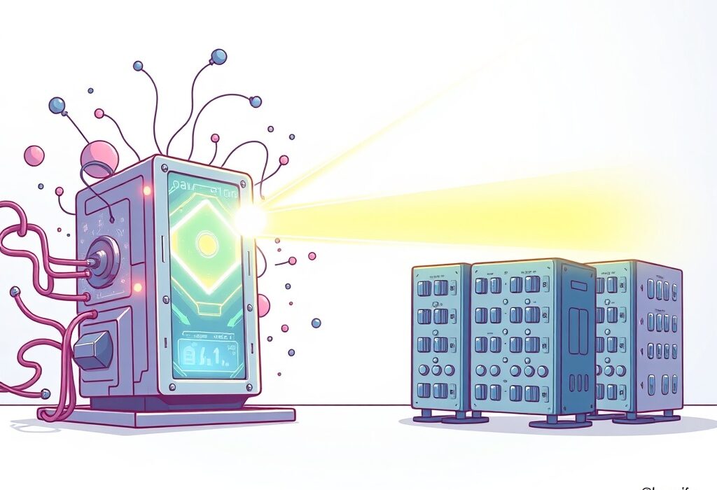 A cartoon illustration depicting newer blockchain nodes better prepared against looming quantum threats from a futuristic computer.