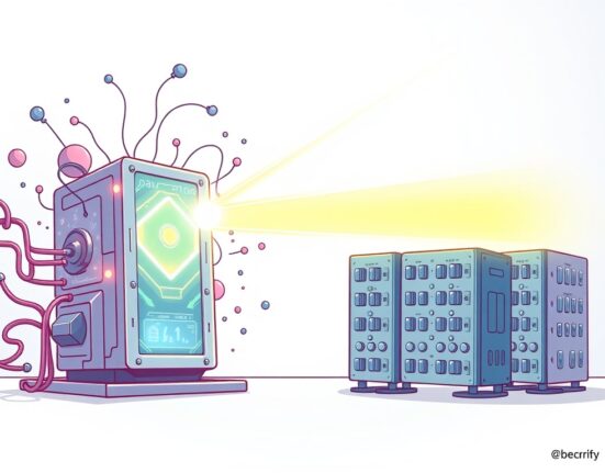 A cartoon illustration depicting newer blockchain nodes better prepared against looming quantum threats from a futuristic computer.