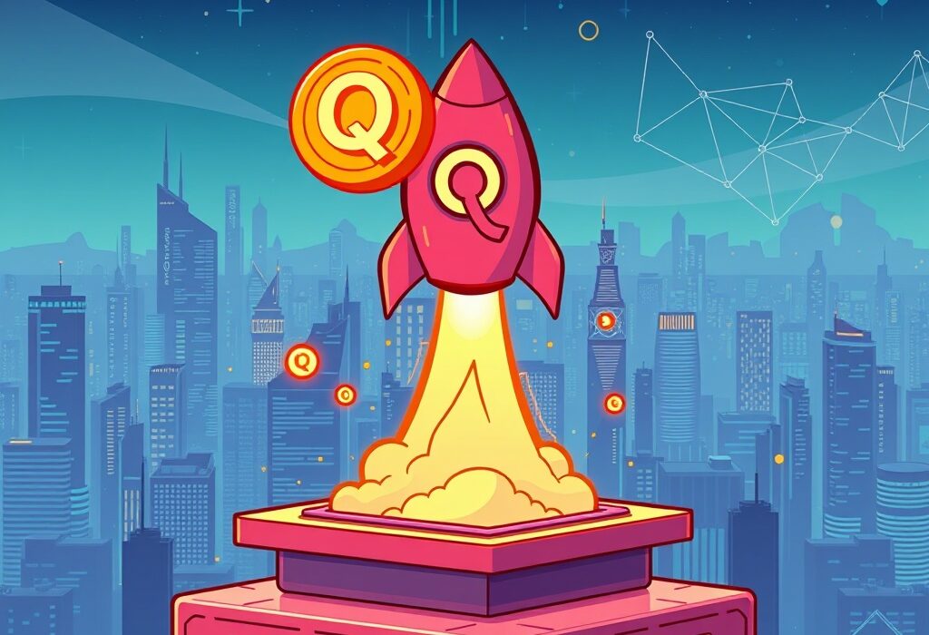 Cartoon illustration of a rocket launching from a crypto exchange logo, symbolizing the exciting listing of Quark AI on Binance Alpha.