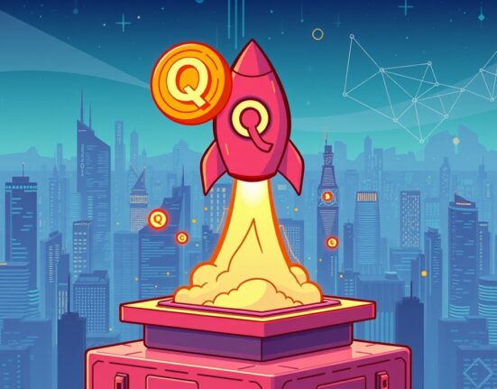 Cartoon illustration of a rocket launching from a crypto exchange logo, symbolizing the exciting listing of Quark AI on Binance Alpha.