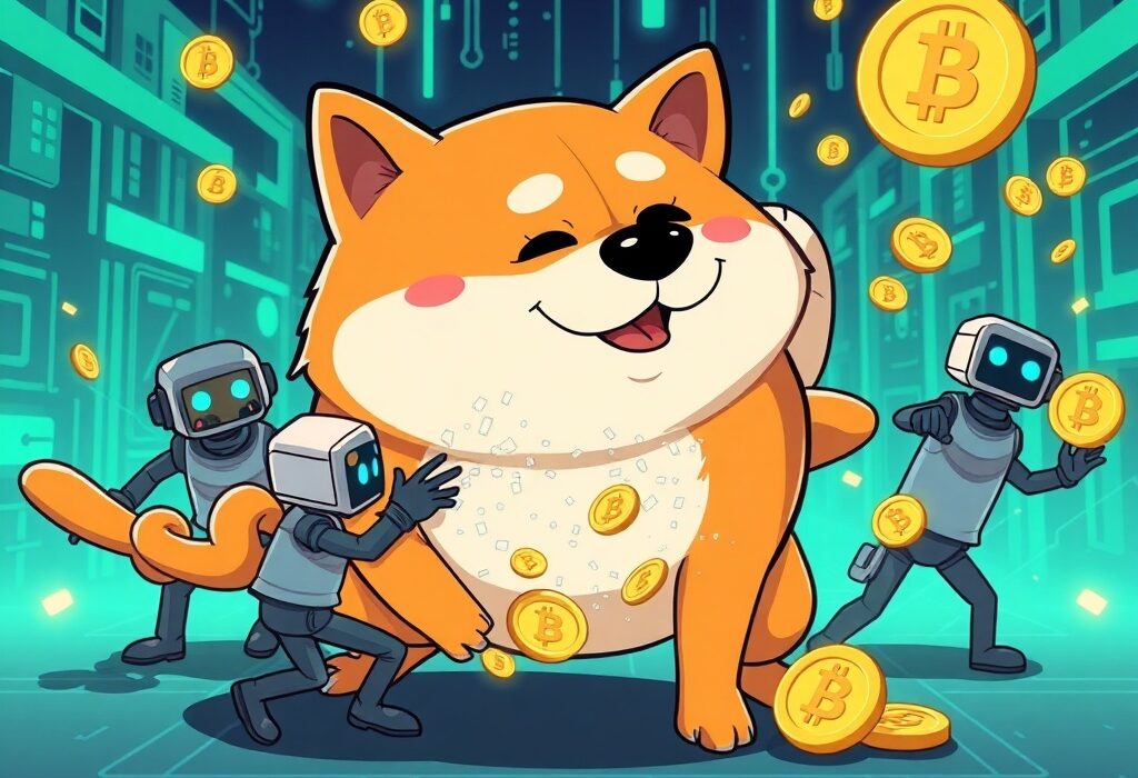 A cartoon illustration showing the Qubic 51% attack targeting Dogecoin, highlighting potential blockchain vulnerability.