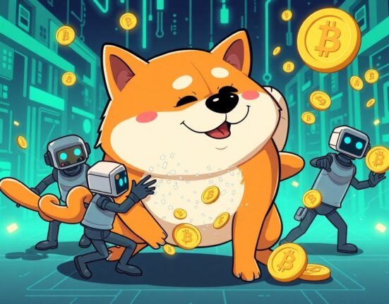 A cartoon illustration showing the Qubic 51% attack targeting Dogecoin, highlighting potential blockchain vulnerability.