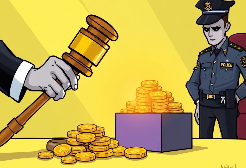 A cartoon image illustrating the severe legal consequences of the Queenbee token bribe case involving a former Korean police officer.