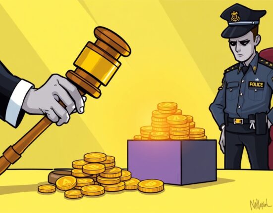 A cartoon image illustrating the severe legal consequences of the Queenbee token bribe case involving a former Korean police officer.